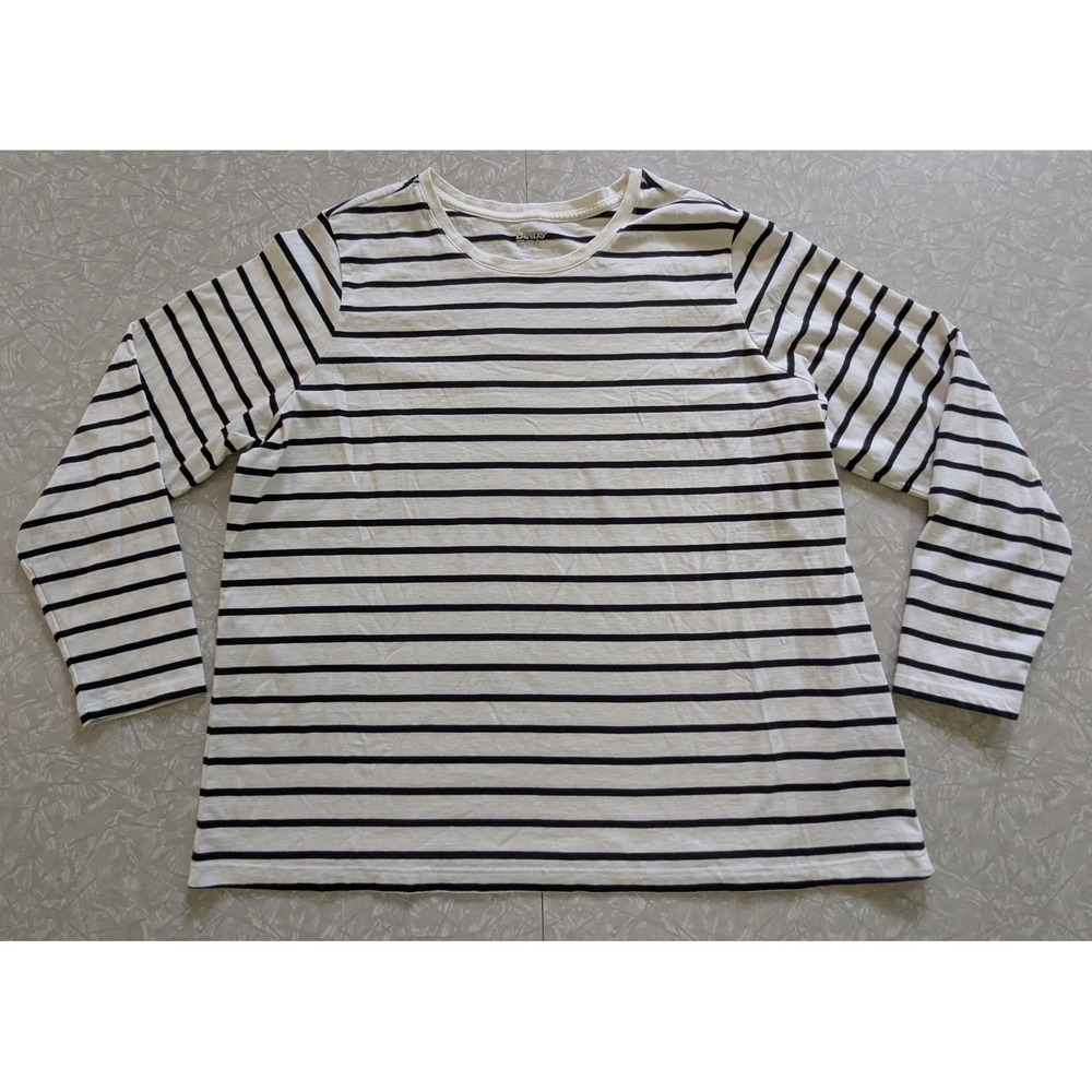 Lands End Womens 1X XL White Black Striped Long Sleeve Cotton T-Shirt Top